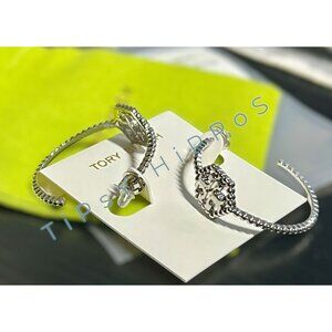 Tory Burch Silver Hexagon Logo Hoop Earrings